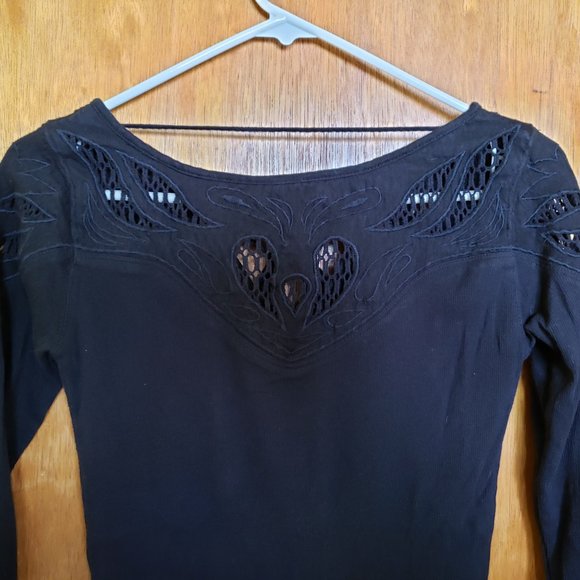 Free People With Love Crochet Tee Thermal Tie Neck Bodycon Black Top - Picture 4 of 5